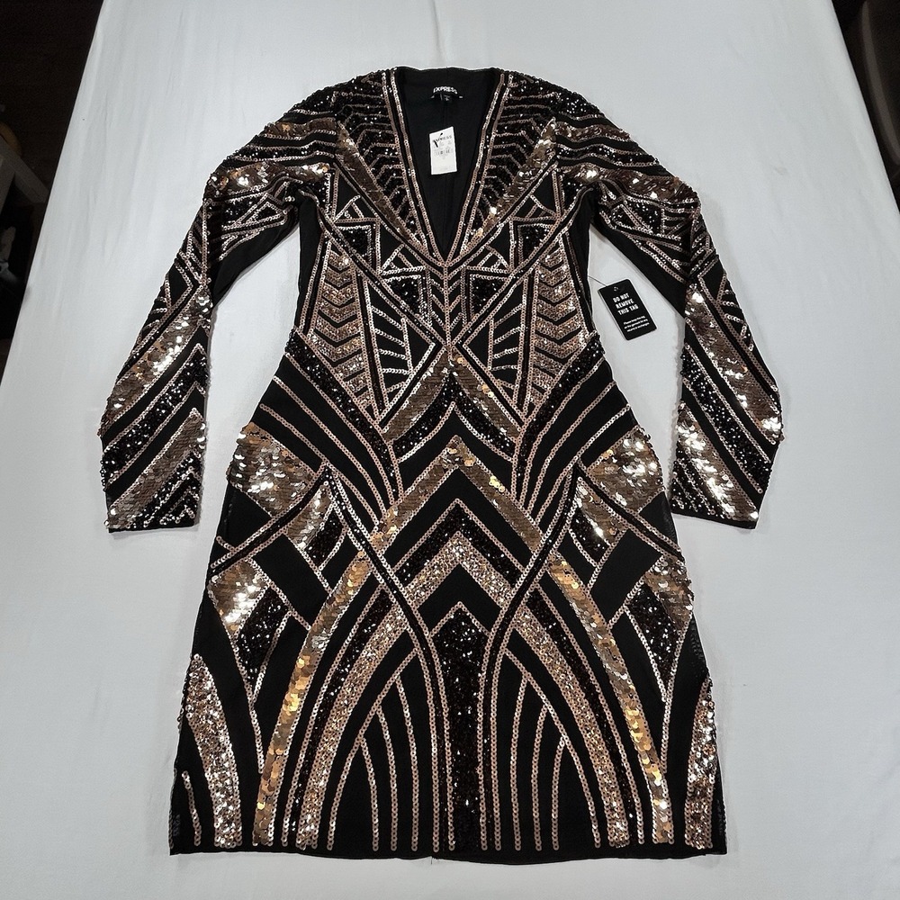 NEW EXPRESS Black Gold Sequin Geometric Bodycon Dress S Glam Holiday Party $118 - Picture 1 of 16